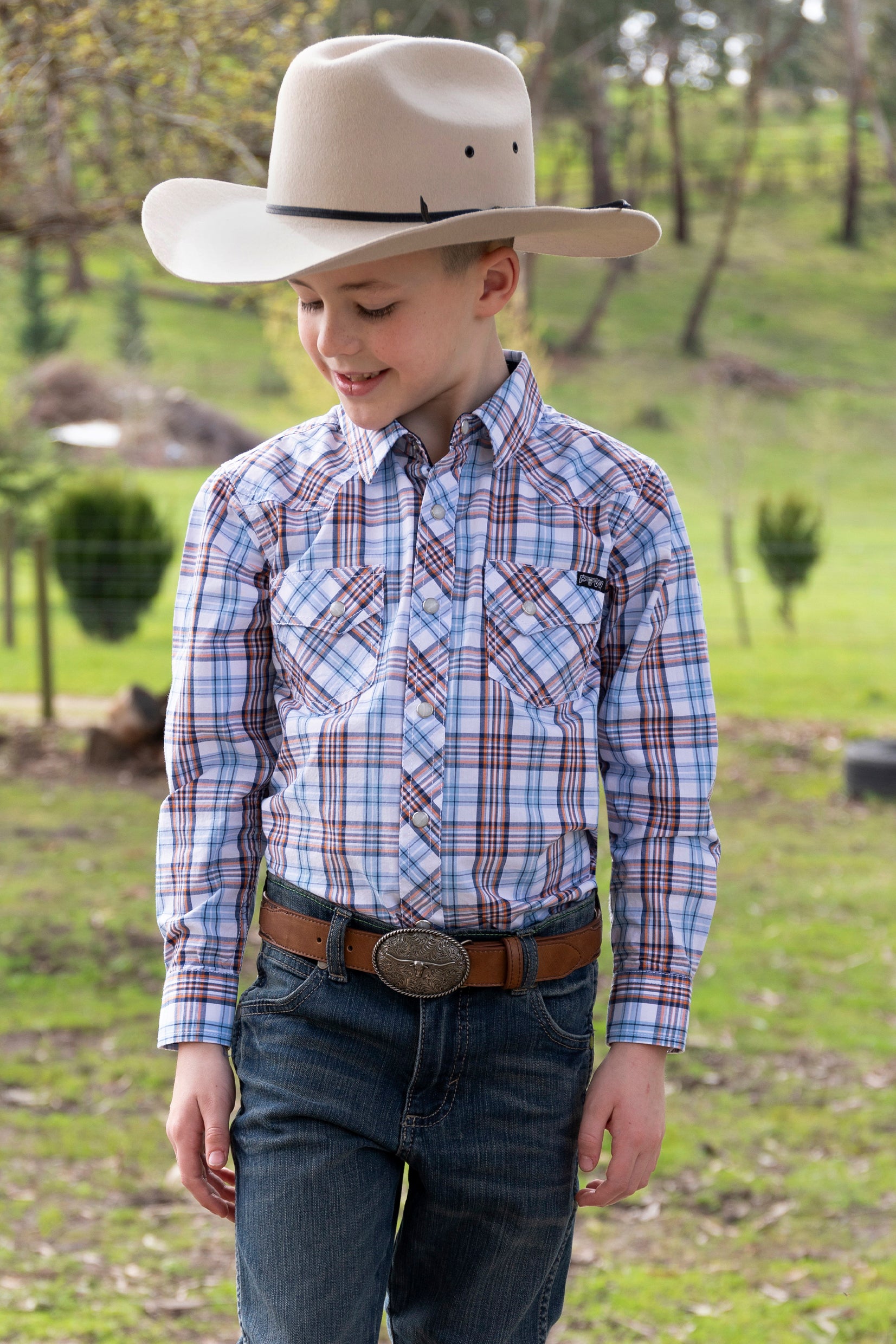 Pure Western Boys Lucas LSShirt % White/Blue / 10