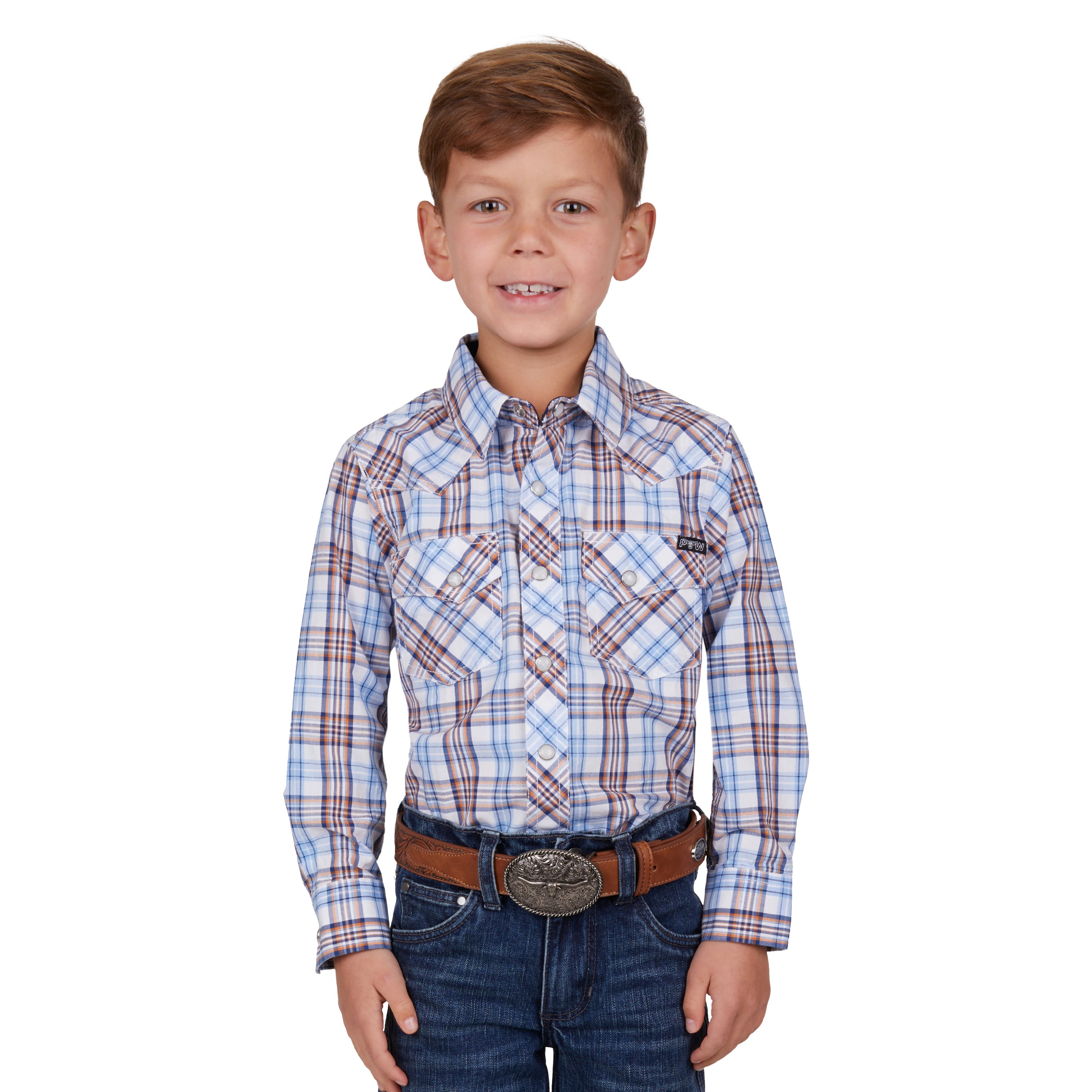 Pure Western Boys Lucas LSShirt % White/Blue / 10
