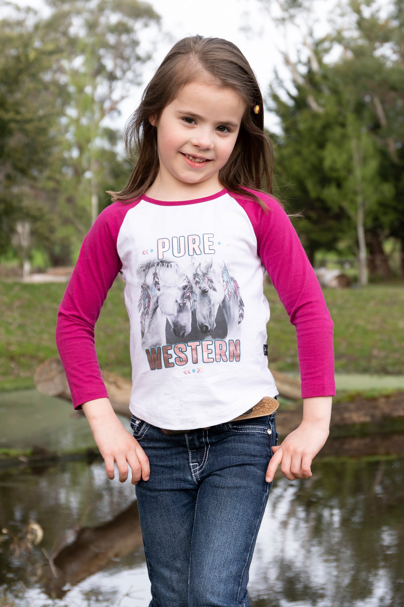 Pure Western Girls Ela LS Tee % White/Raspberry / 10
