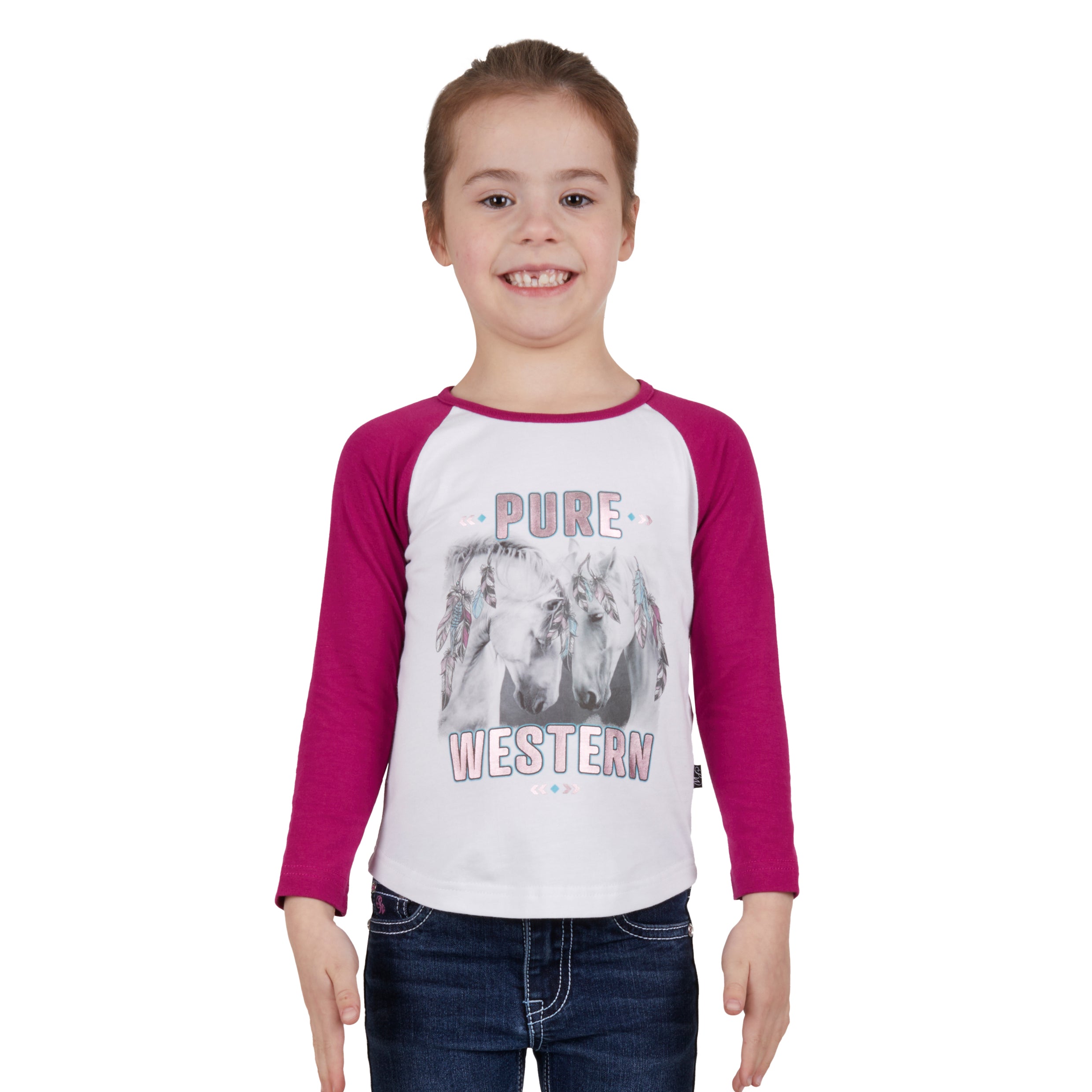 Pure Western Girls Ela LS Tee % White/Raspberry / 10