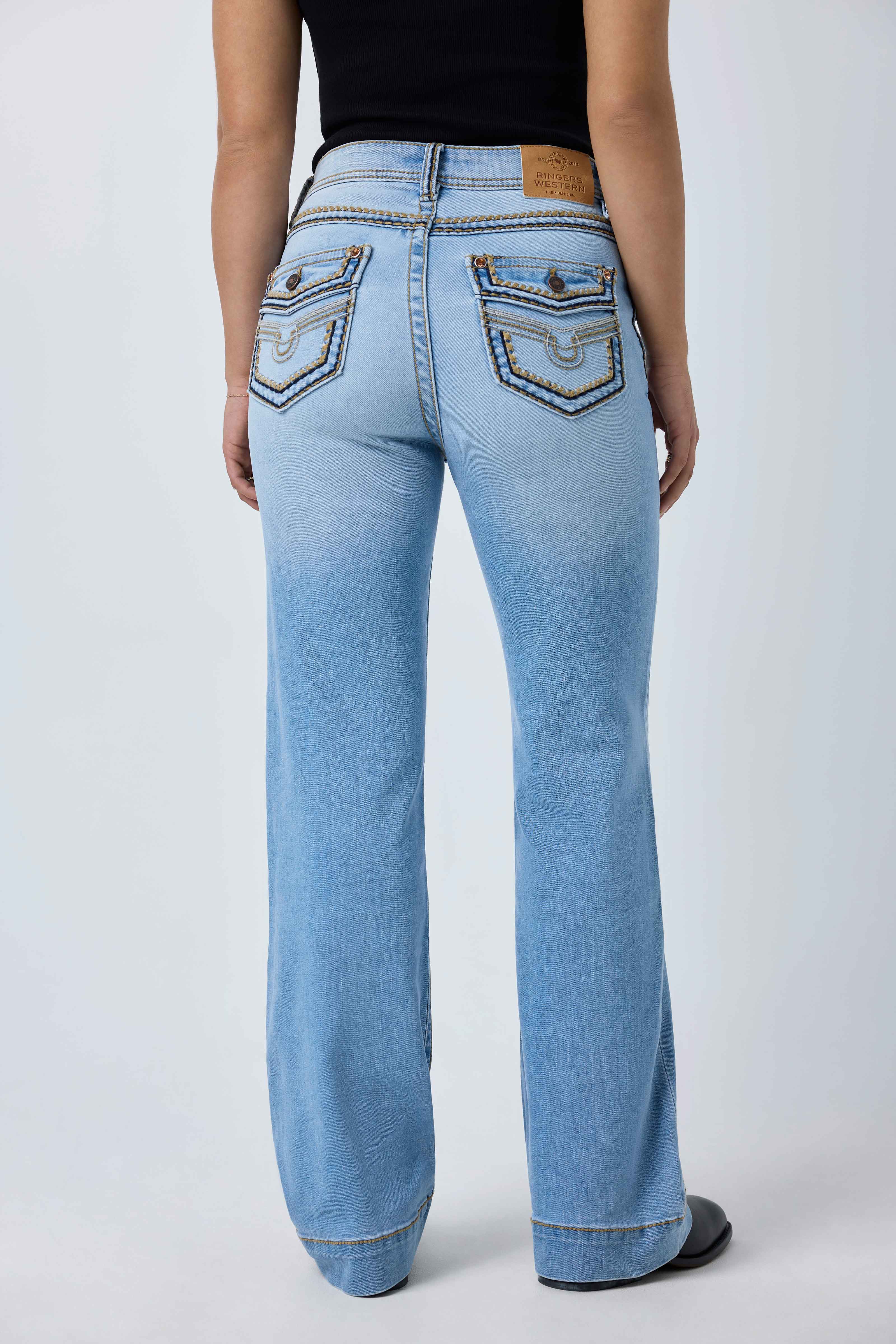 Ringers Indi Rodeo Saddle Stitch Womens High Rise Wide Bootleg Jean