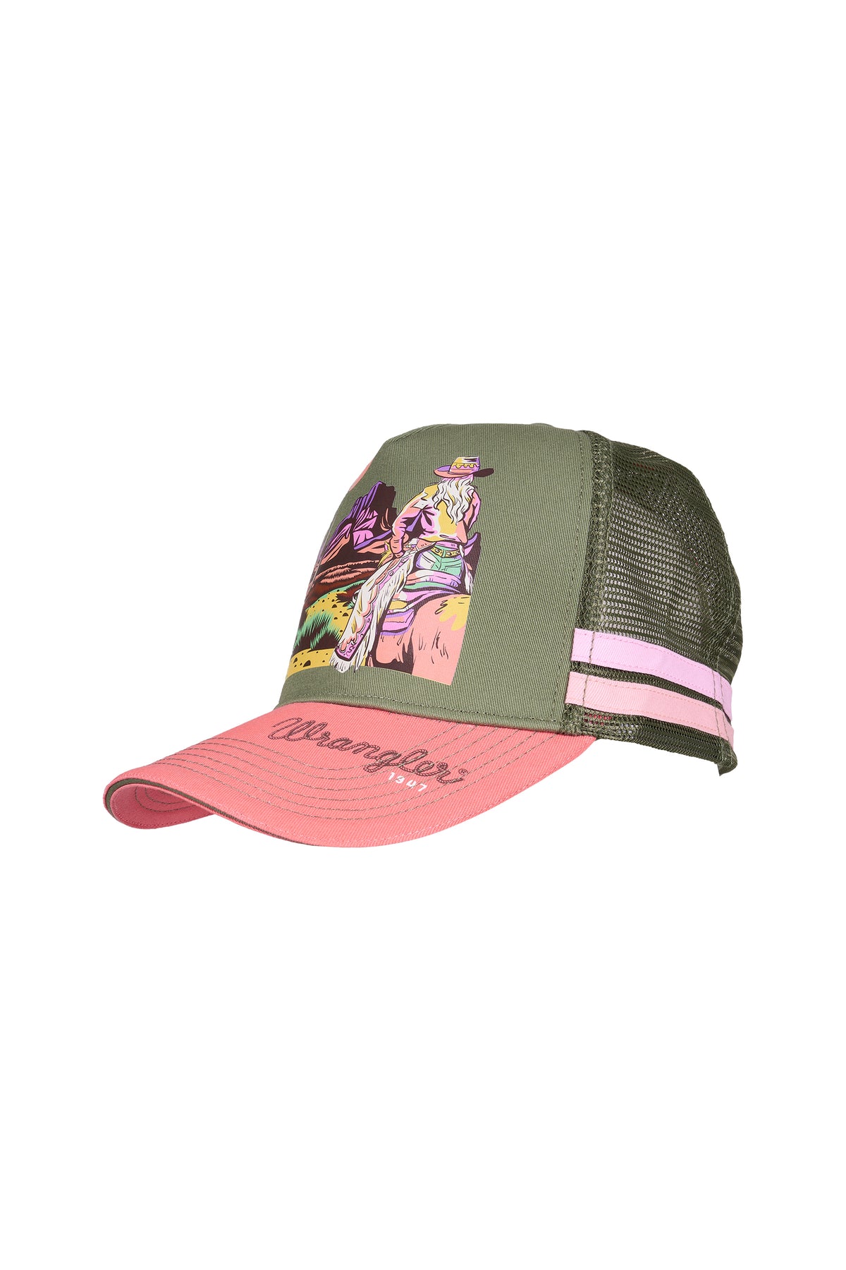 Wrangler Willa High Profile Trucker Cap - Khaki/Coral